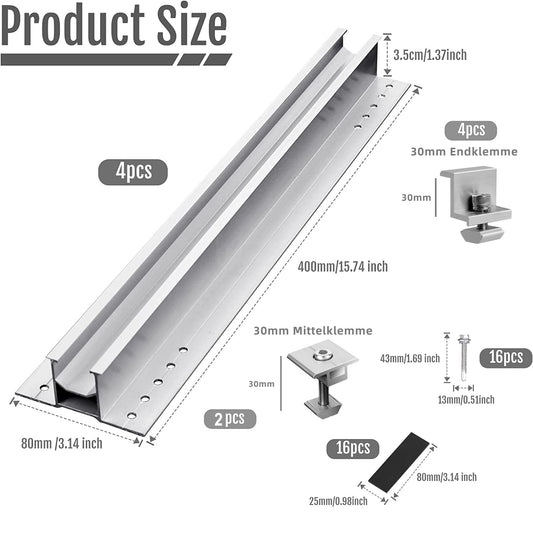 Solar Panel Mounting Kit, 400X400 Aluminum Solar Panel Mounting, with 4 Solar Panel Z Brackets and 2 Mid Clamps (30mm), Mounting Rail x 4 for 1 x Solar Panel