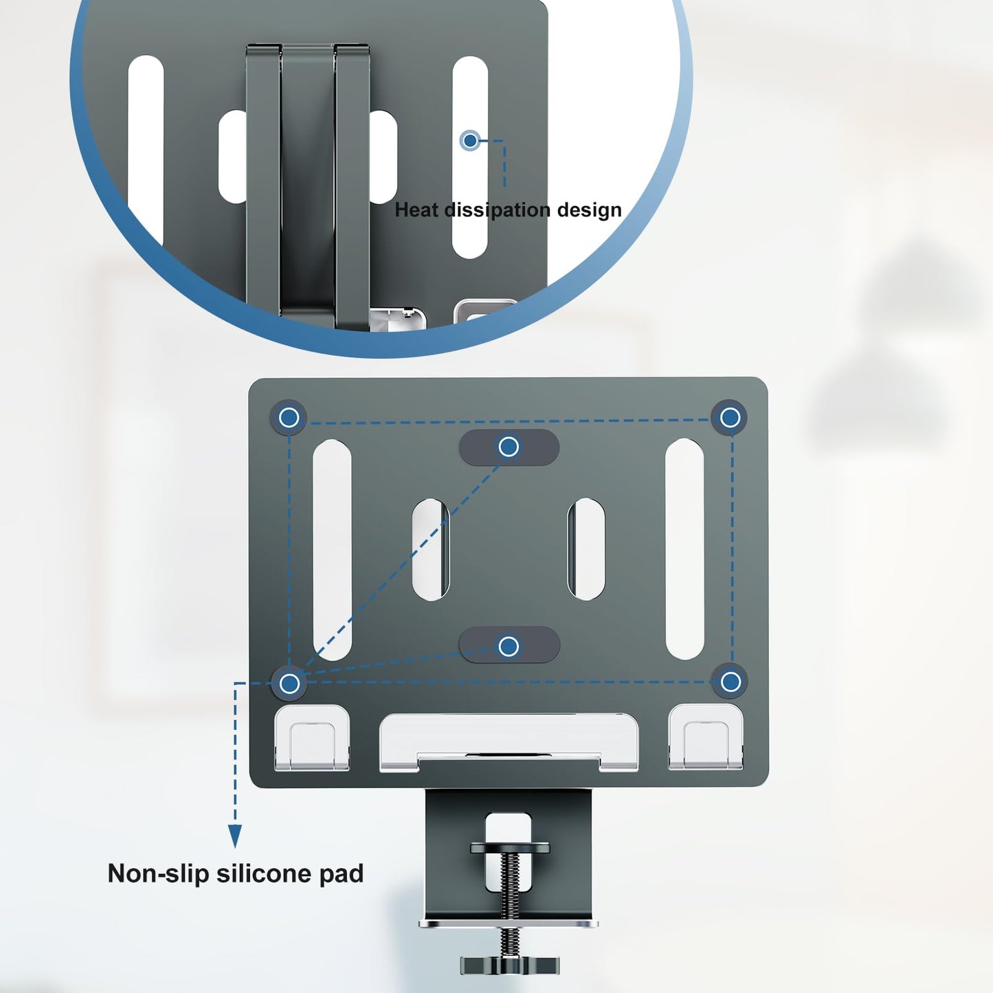 Adjustable laptop stand with 360° swivel arm, made of aluminum. Suitable for tablets and laptops from 10-16 inches. Foldable and perfect for your desk.