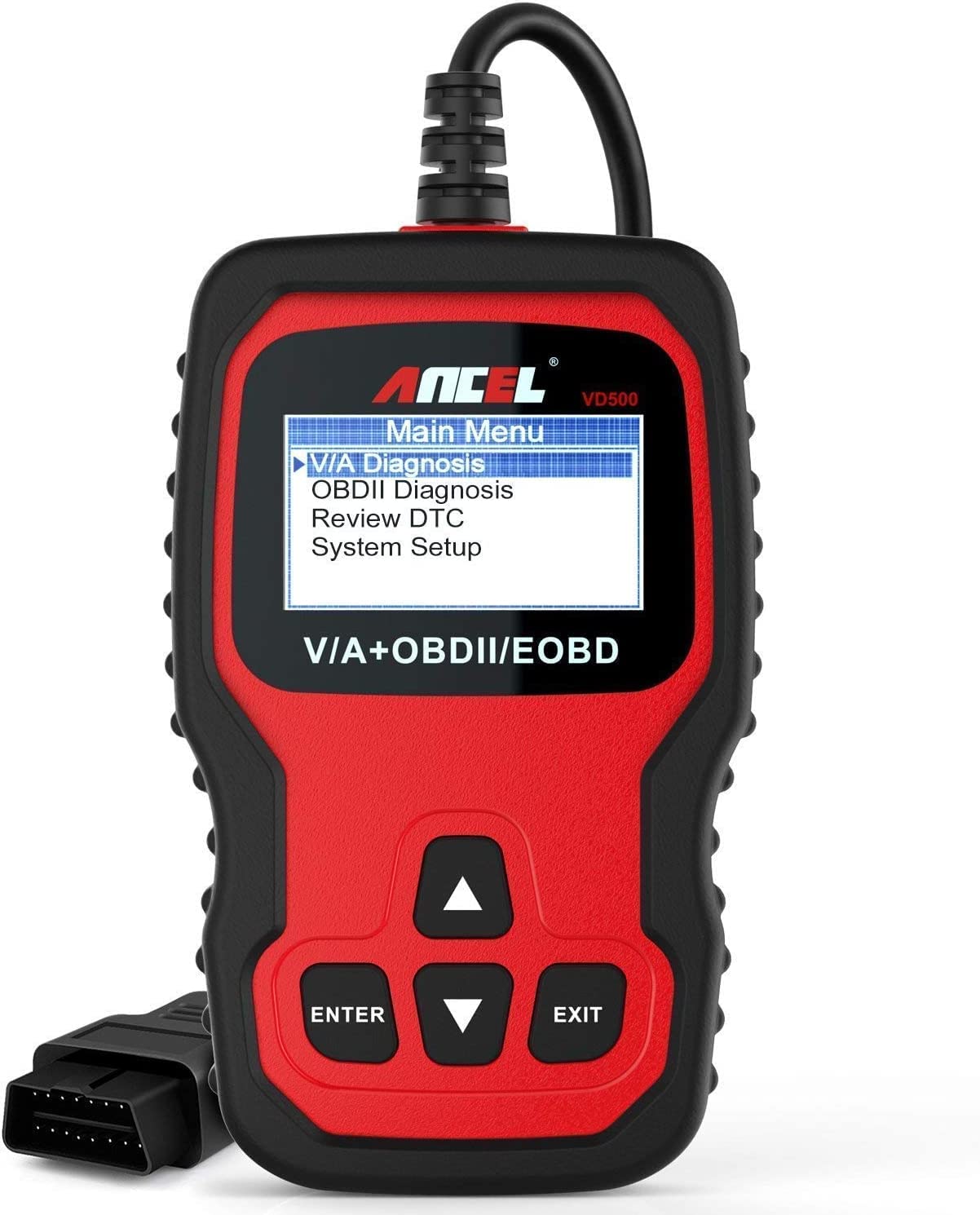 ANCEL VD500Pro OBD2 diagnostic tool for VW/Audi/Skoda/Seat vehicles. Wired, reads fault codes, engine light, EPB, oil, and TPS reset functions. Available in German.