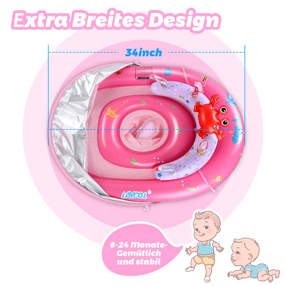 LAYCOL Baby Swimming Ring with UPF50+ Sunshade & Toy, Adjustable Safety Seat, Toddler Pool Swim Ring for 3-36 Months (Pink, L)
