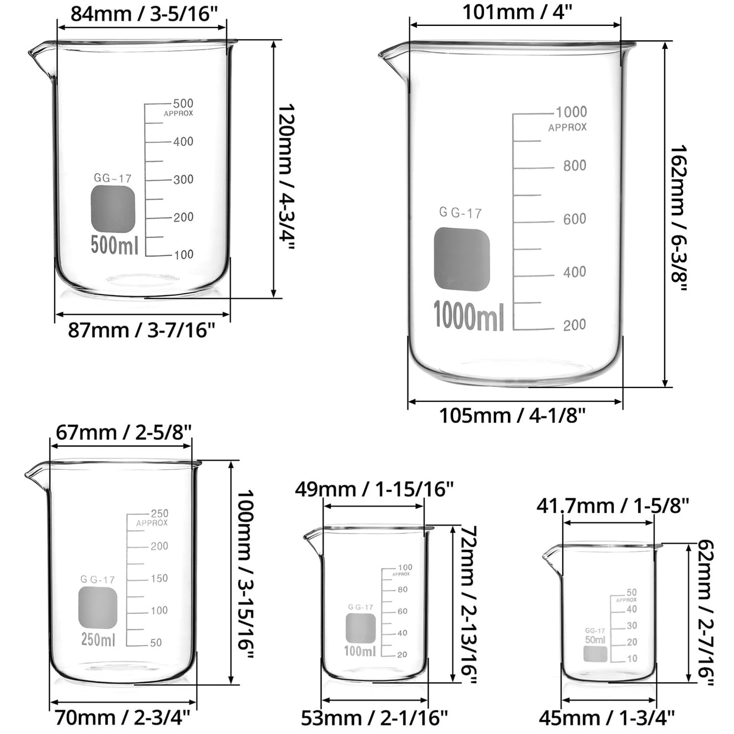 QWORK® Glass Beaker Set 50ml 100ml 250ml 500ml 1000ml, 5 Pcs Graduated Measuring Cups for Lab Kitchen