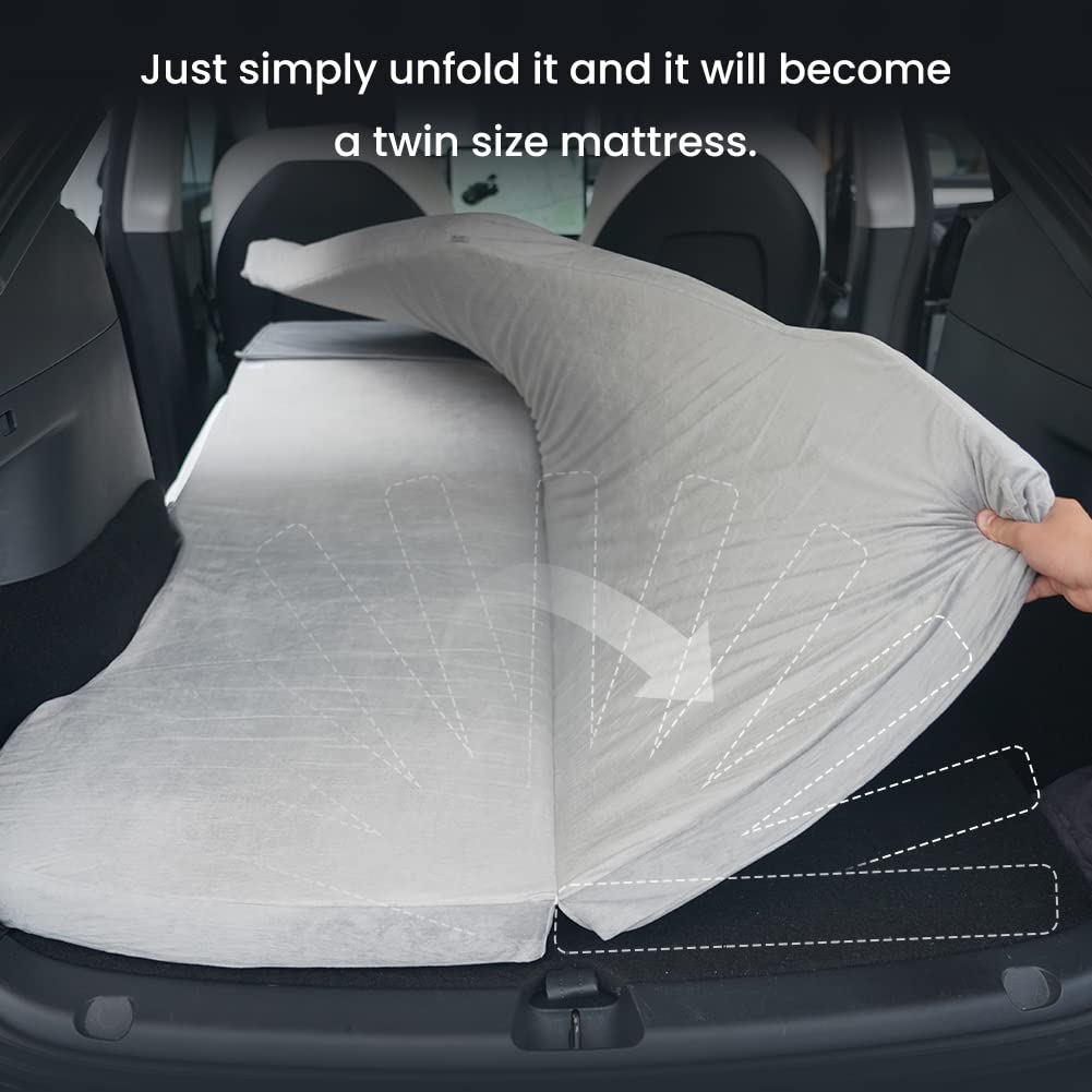 Havnby Tesla Model Y camping mattress includes CertiPUR memory foam mattress, storage bag, and fitted sheet. Portable, foldable, space-saving, double-sized.
