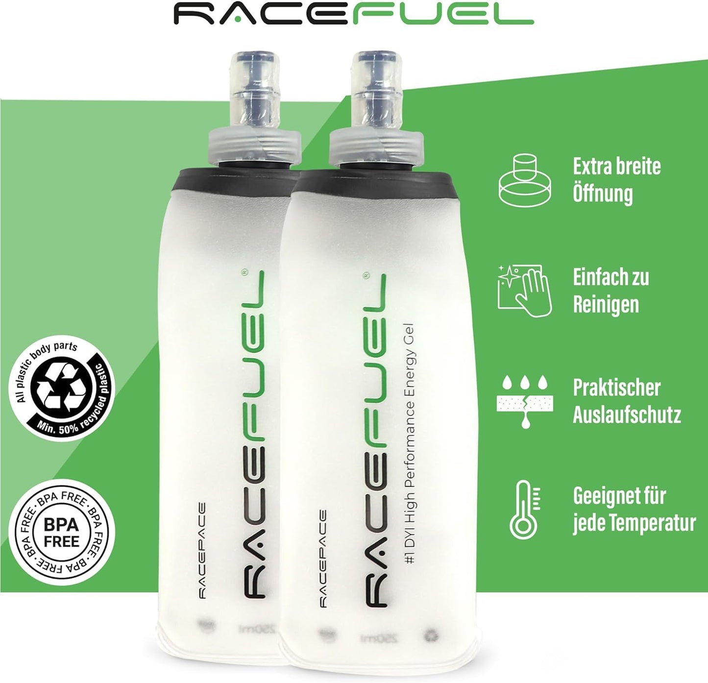 RACEPACE RaceFuel foldable 500ml drinking bottle gel bottle, Soft Flask BPA-free, with RaceFuel Energy Gel recipe QR code, perfect for running, marathon, triathlon, and cycling (2 pieces, 500ml)