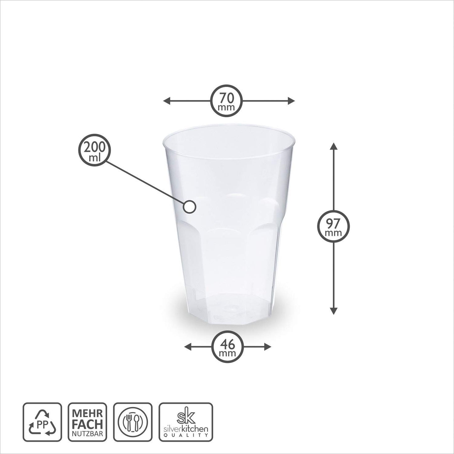 Silverkitchen 50x cocktail cups 0.2l reusable - stackable, dishwasher-safe plastic cups for cocktails & aperitifs, BPA-free with measuring line - Made in Germany.