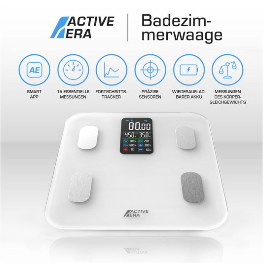 Active Era Bluetooth digital body scale with large LED display - Bluetooth body fat scale with 16 measurements, highly accurate body weight, Body Mass Index (BMI), Free smartphone app (White)
