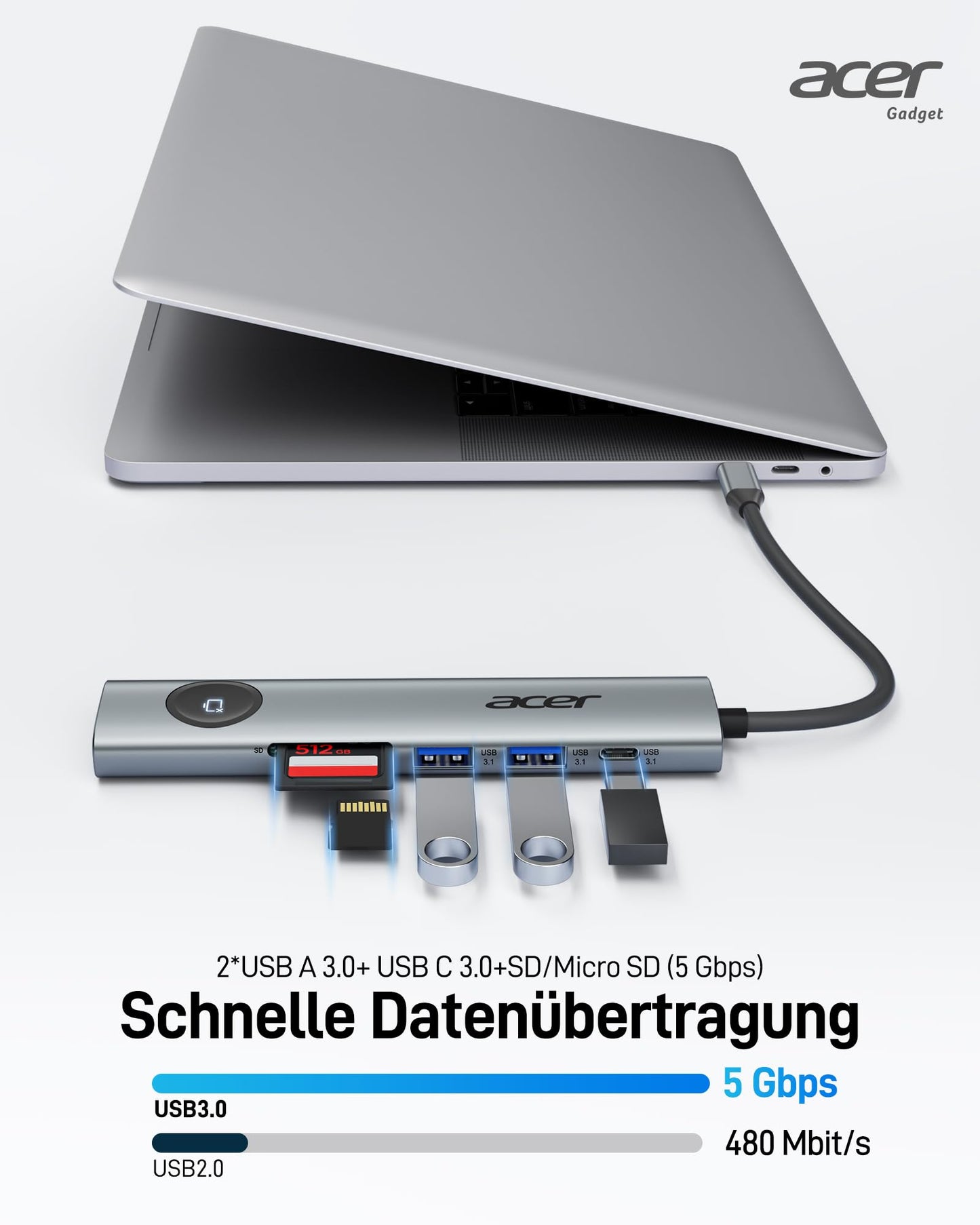 Acer USB C Hub, 4K@60Hz Adapter with HDMI, PD 100W, 2x USB 3.0, data port, card reader, and screen control - 7 in 1 docking station for MacBook Pro/Air, Surface, iPhone 16 Pro.