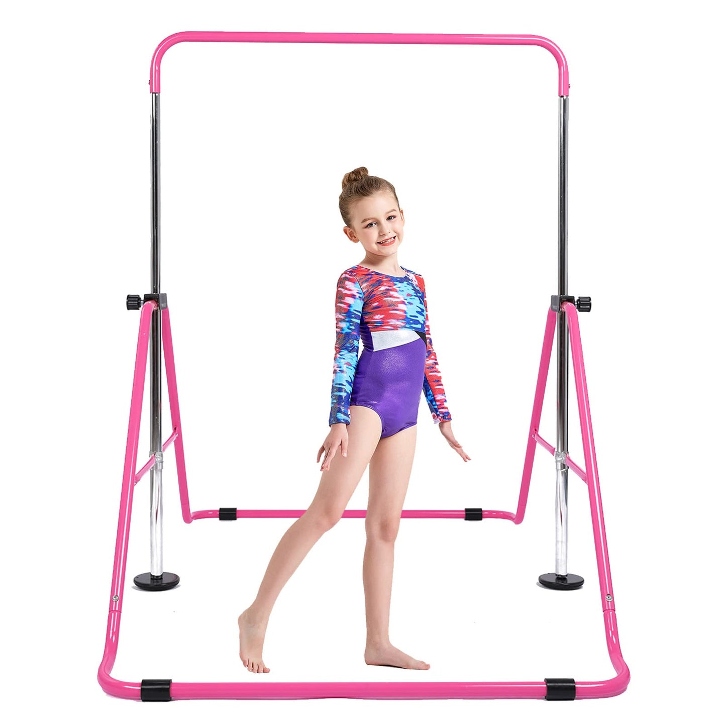 FINGER TEN Gymnastics Horizontal Kip Bar for Kids, Foldable 4 Height Adjustable Training Bars for Indoor/Outdoor Home Gymnastics (Pink)