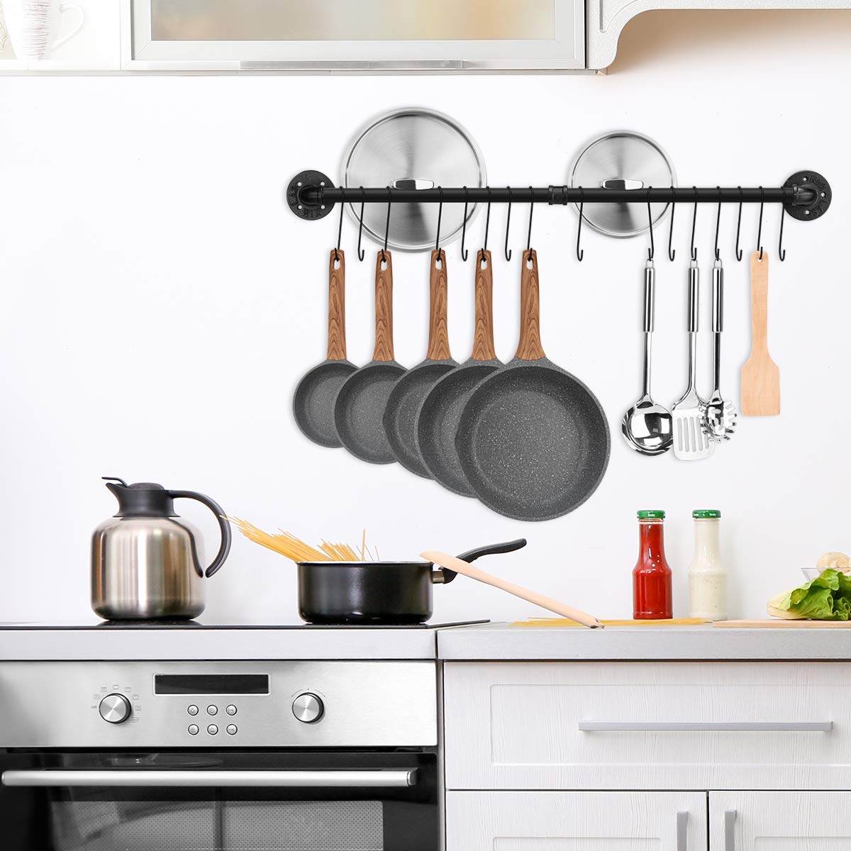 Toplife kitchen hook rack 100 cm, black hanging bar with 16 hooks, pole for kitchen utensils.
