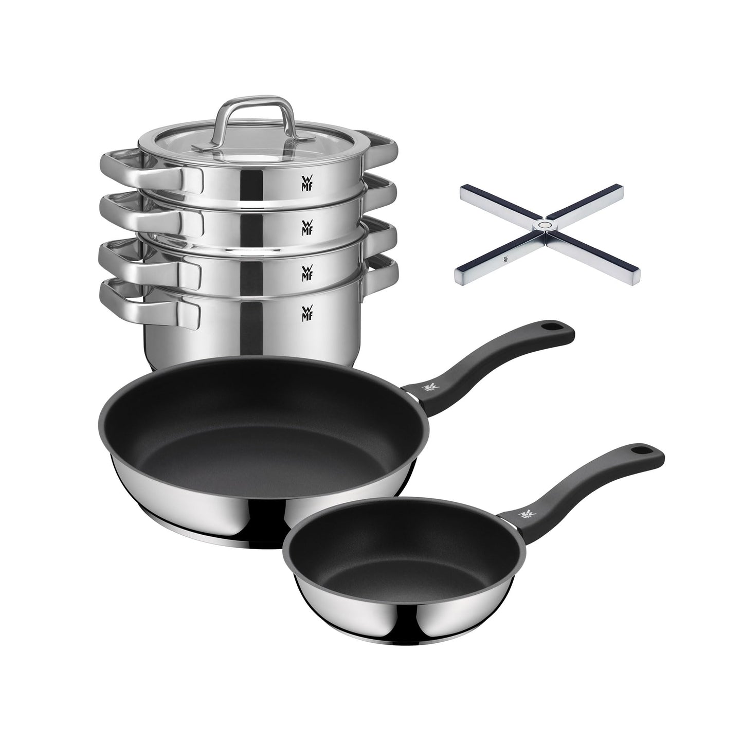 WMF Set 3-piece Compact Cuisine pot set Induction 4-piece with glass lid and Devil pan set Induction 2-piece and Mister X pot holder Stainless steel foldable 19 x 19 cm.