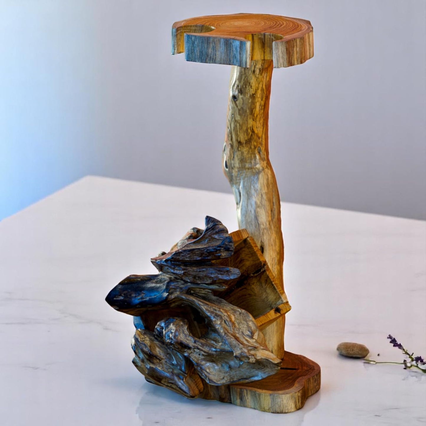 Teak root wood bottle holder - holds bottle and 3 glasses - perfect for presenting or gifting fine liquors and wines (1 bottle / 2 glasses natural)