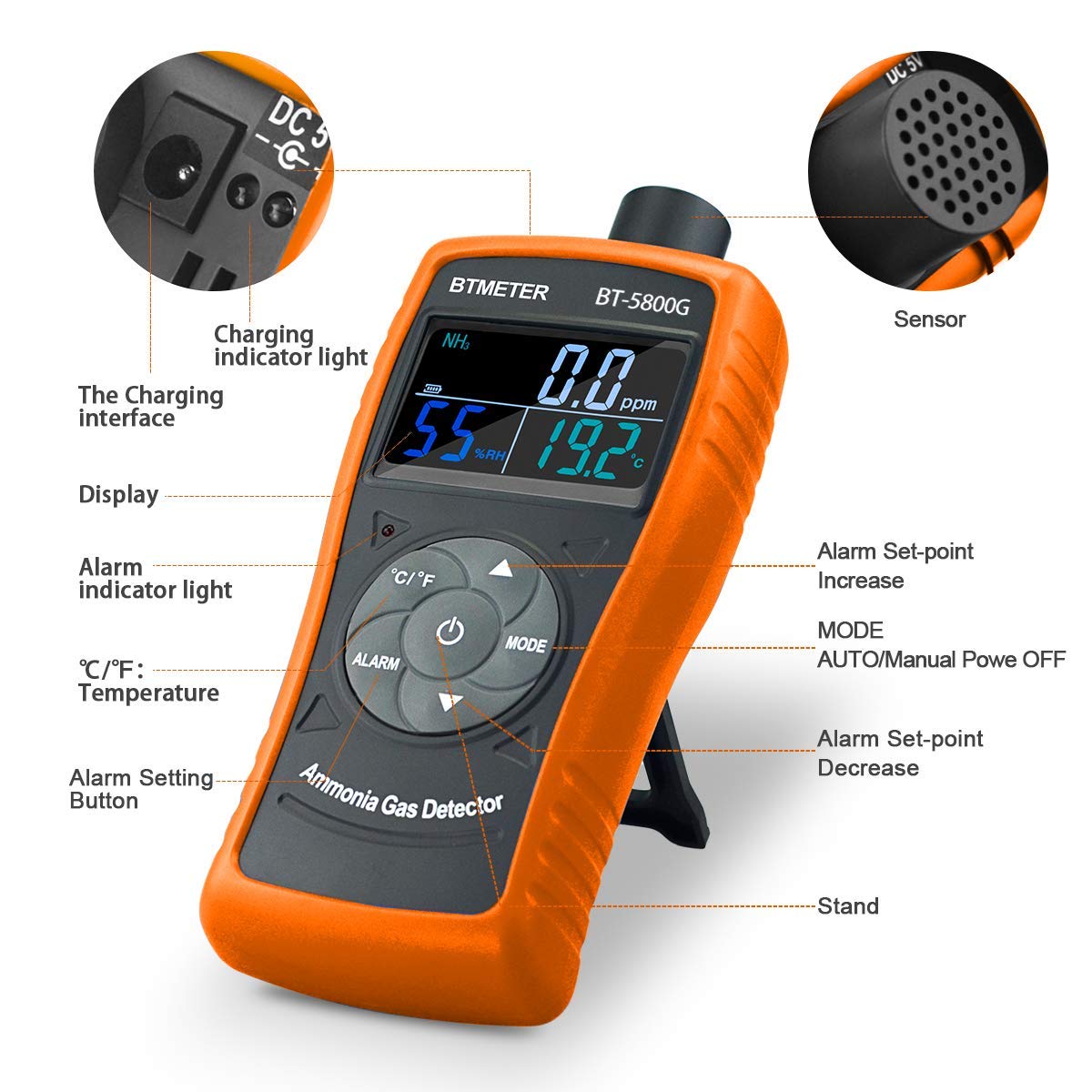 BTMETER BT-5800G Ammonia Gas Detector Sensor tests for 0~100PPM Nh3. Monitor includes temperature, humidity tester.