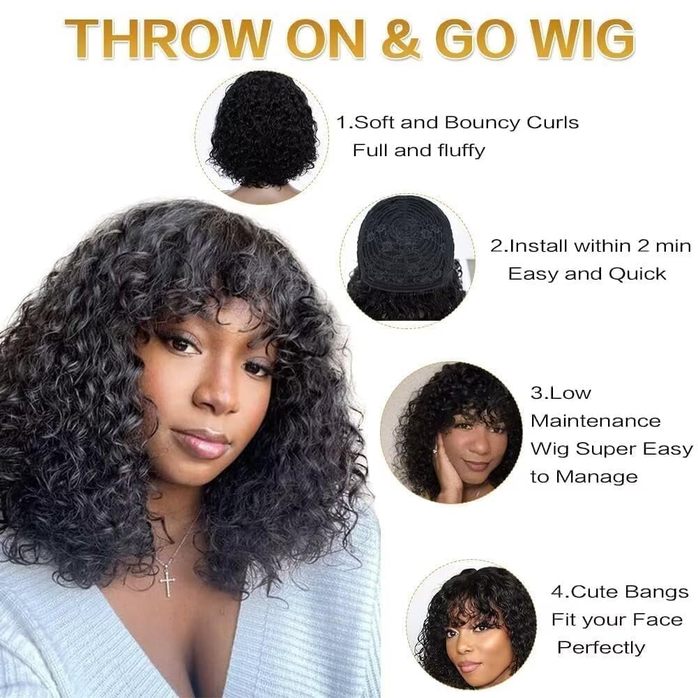 Real hair wig with bangs Short curly bob wig Real hair Jerry curl bob wig for black women 150% density Non lace front Glueless wig 10 inches (25 cm)