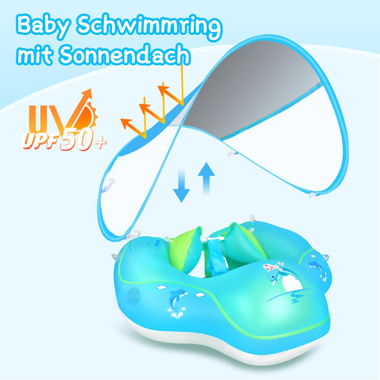 LAYCOL Joy Swim Ring Baby with UPF50+ Sun Protection Canopy & Toys, Adjustable Safety Seat, Toddler Pool Swim Ring for 3-36 Months (Blue Update, S)