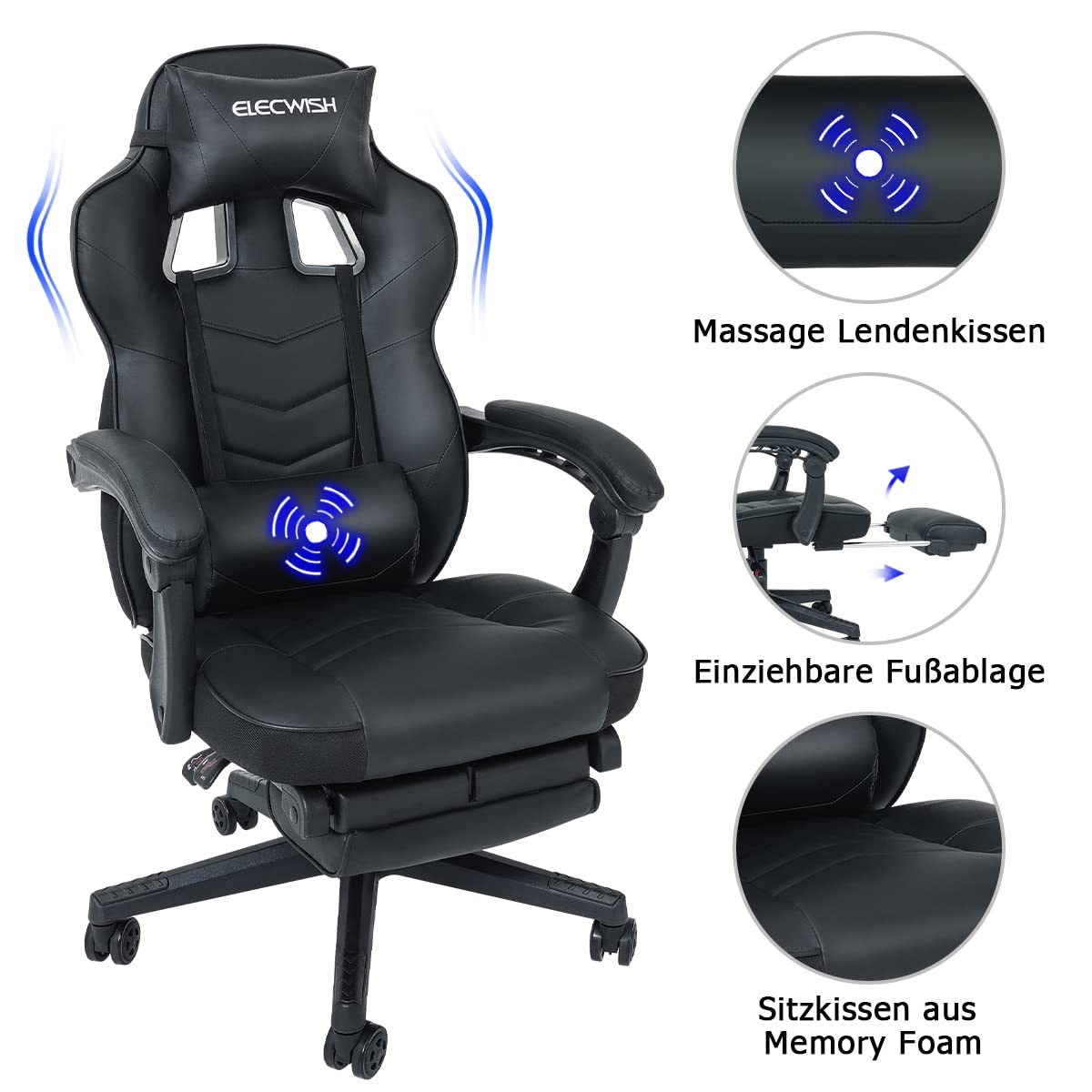 Puluomis Gaming Chair, Office Chair with Footrest, Racing Gaming Chair, PC Chair, Swivel Height Adjustable, 90-150° Backrest Adjustable, Removable Headrest, Lumbar Pillow, Ergonomic, Black