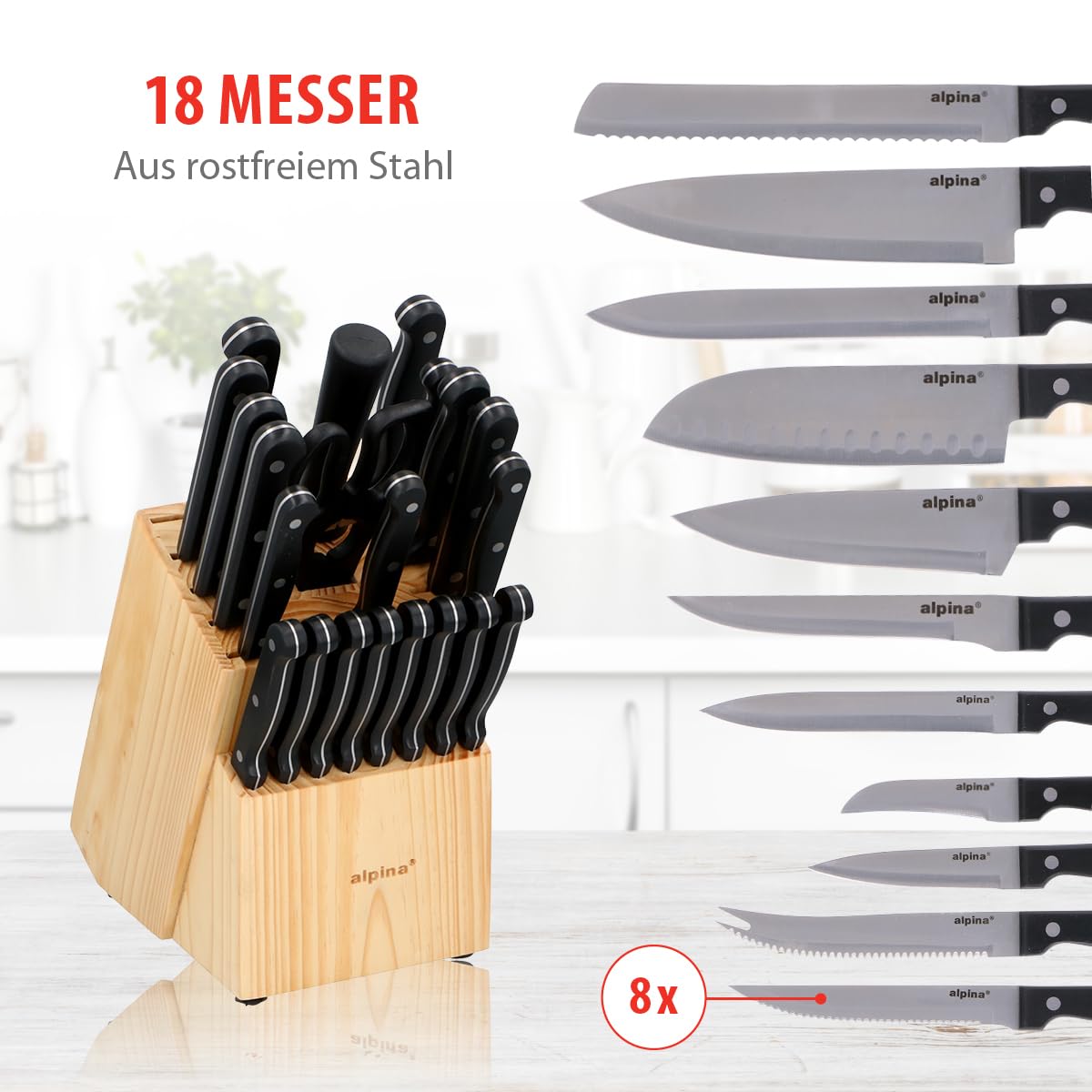 Alpina 22-Piece Knife Block Set - Kitchen Knife Set with Block - 18 Different Knives - Includes Sharpener and Non-Stick Coated Scissors - 21 x 15 x 22 CM - Wooden Knife Block