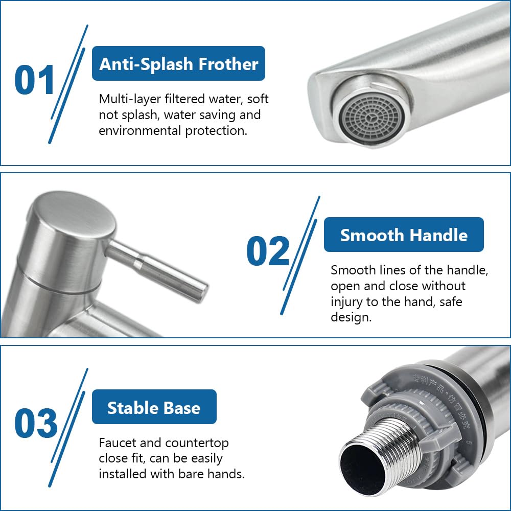 REFORUNG stainless steel cold water faucet for wash basin with single lever handle and 60cm connection hose for guest bathroom. 175mm faucet height.