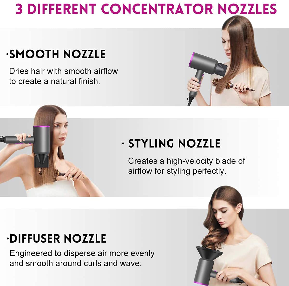 Ions Hair Dryer AC Motor 1800W, slopehill Quick Dry Hair Dryer, Salon Hairdryer with Hot/Cold Button, 3 Dryer Concentrators and Diffuser, 3 Heat Settings, 2 Speeds (Purple)