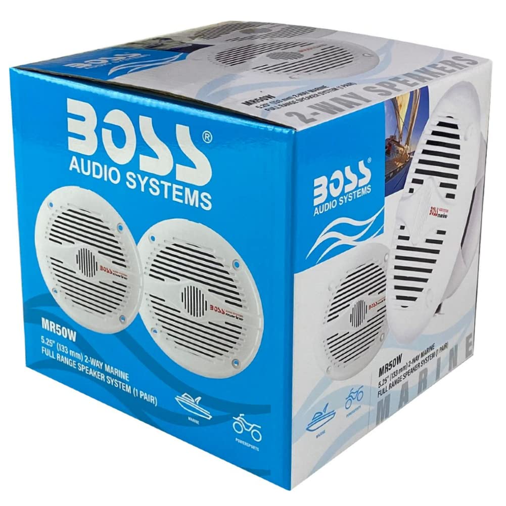 2 marine speakers compatible with BOSS Audio MR50W 2-way 6.5 inch 75 watt rms 150 watt max waterproof sea pool boat, per pair + 5 free stickers.