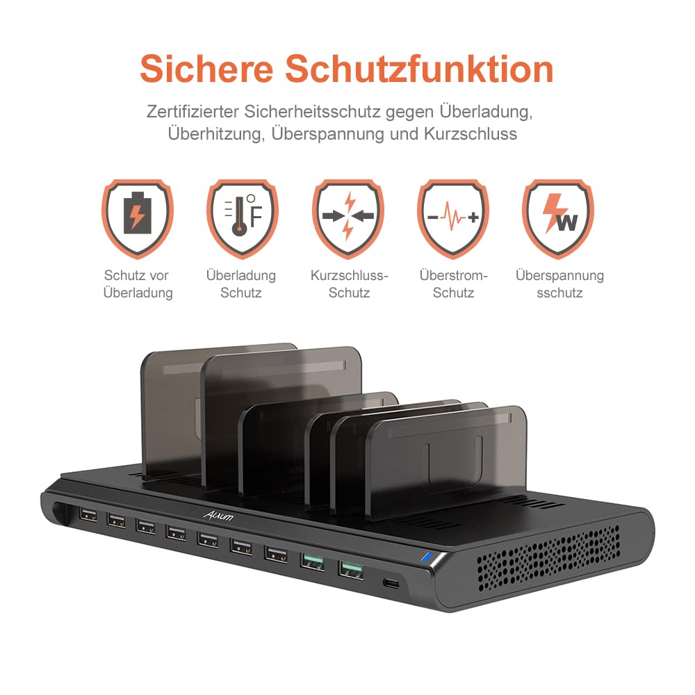 Alxum 120W USB Multi Mobile Charging Station with QC 3.0 Fast Charge & Type C Phone Charging Dock with 10 Ports and removable dividers (Black)