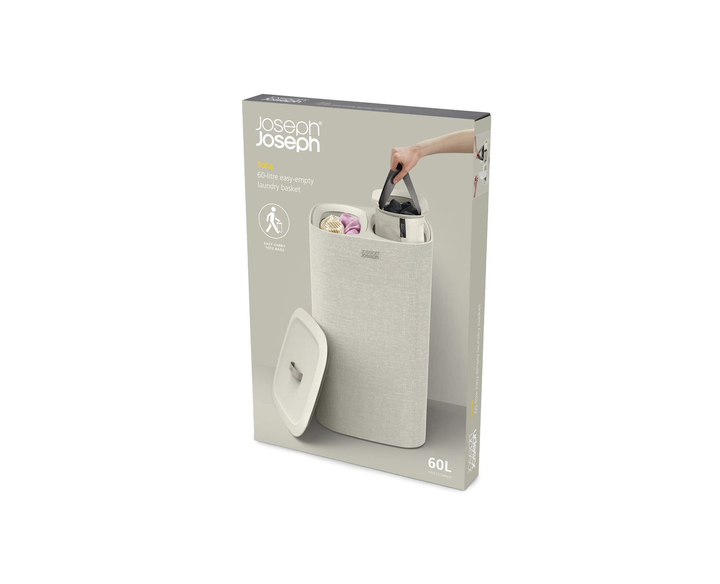 Joseph Joseph Totem 60-liter laundry sorter with lid, 2 removable laundry bags with handles, Ecru.