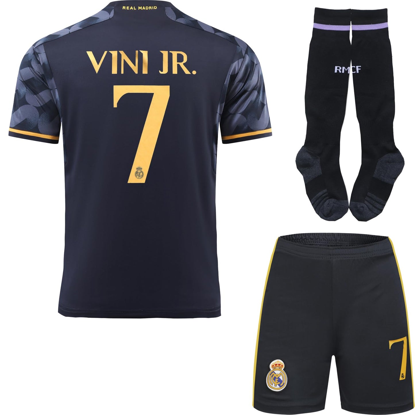 BlackAzat 2023/2024 Madrid Away #7 Vini Jr. Vinicius Soccer Football Kids Jersey Shorts Socks Set Youth Sizes (Navy,24)