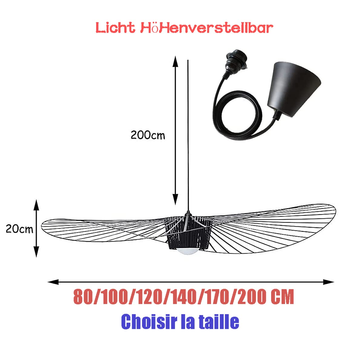 Vertigo Lamp 80cm Black, hanging lamp pendant chandelier living room pendant chandelier Modern Vintage Lustre Fiberglass + Black Pu Creative Hat Lamp Retro Living Room Lamp, Noir, 80cm