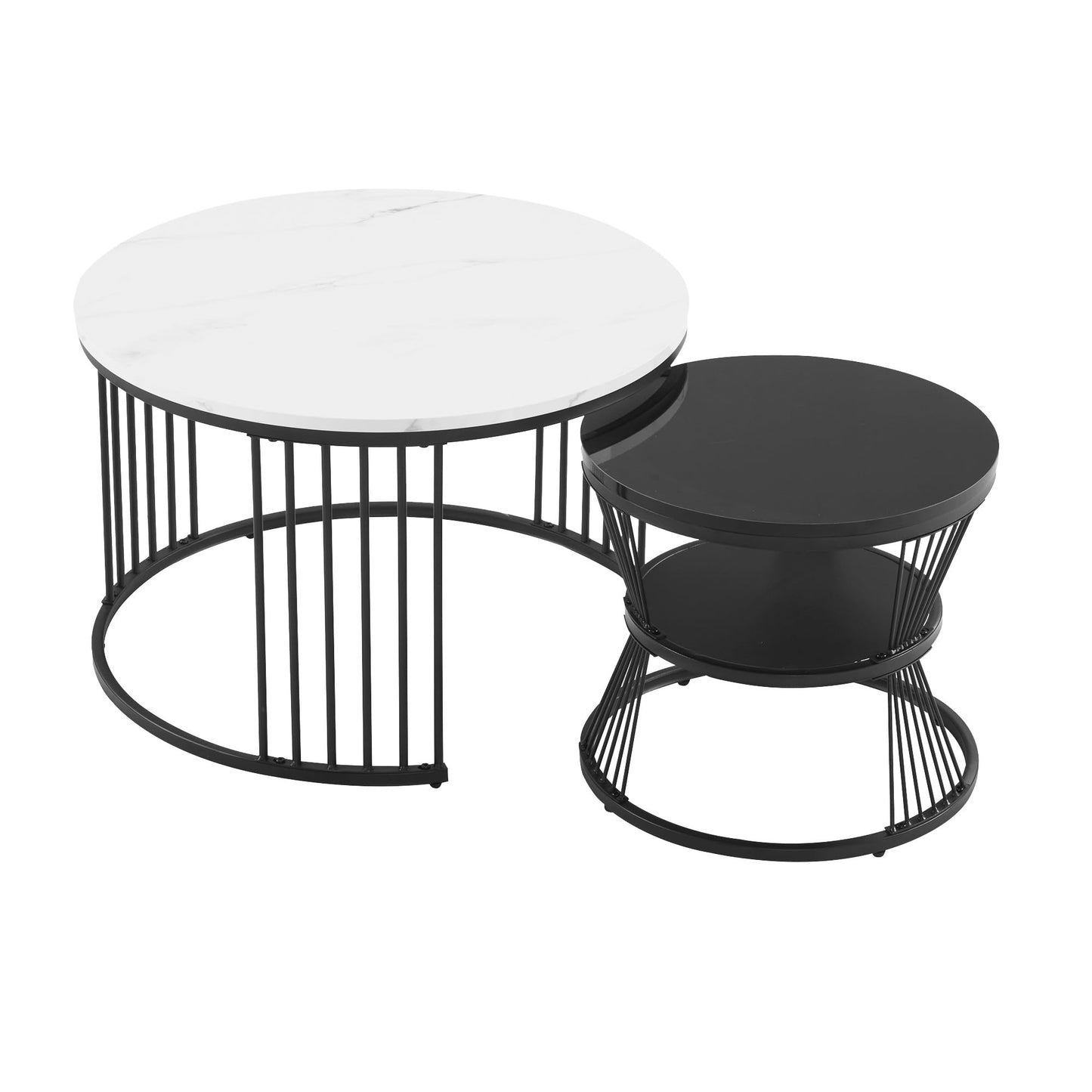 Merax Round Coffee Table 2 Piece Set, Modern Side Table with High Gloss Marble Effect for Living Room, Nesting Table for Reception Room, Balcony, and Office, Metal Frame, Black & White