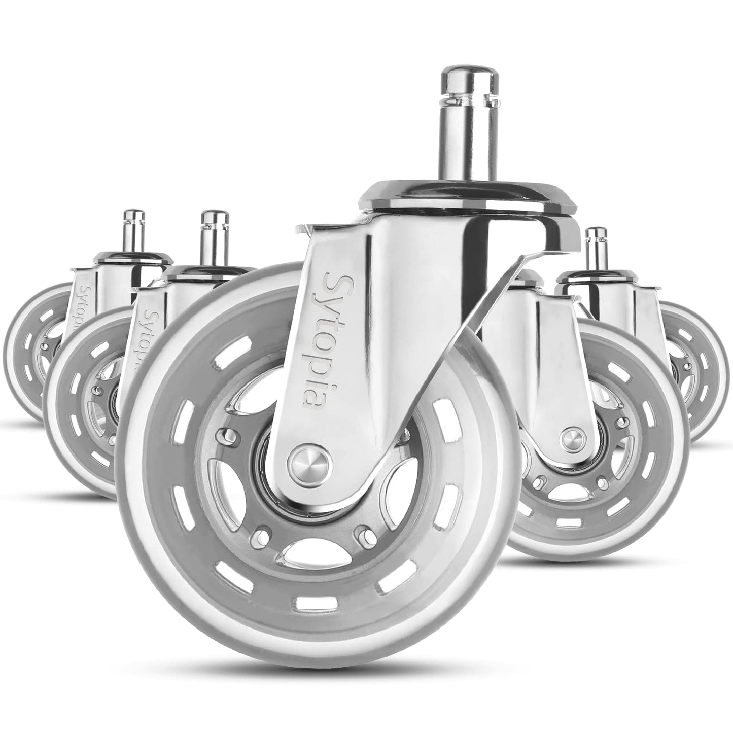 Sytopia office chair wheels 10mm, casters for office chairs 10mm x 22mm, rubber office chair casters 5-piece set for hard floors, parquet, laminate, floor protection mats, only compatible with IKEA office chairs (Silver)