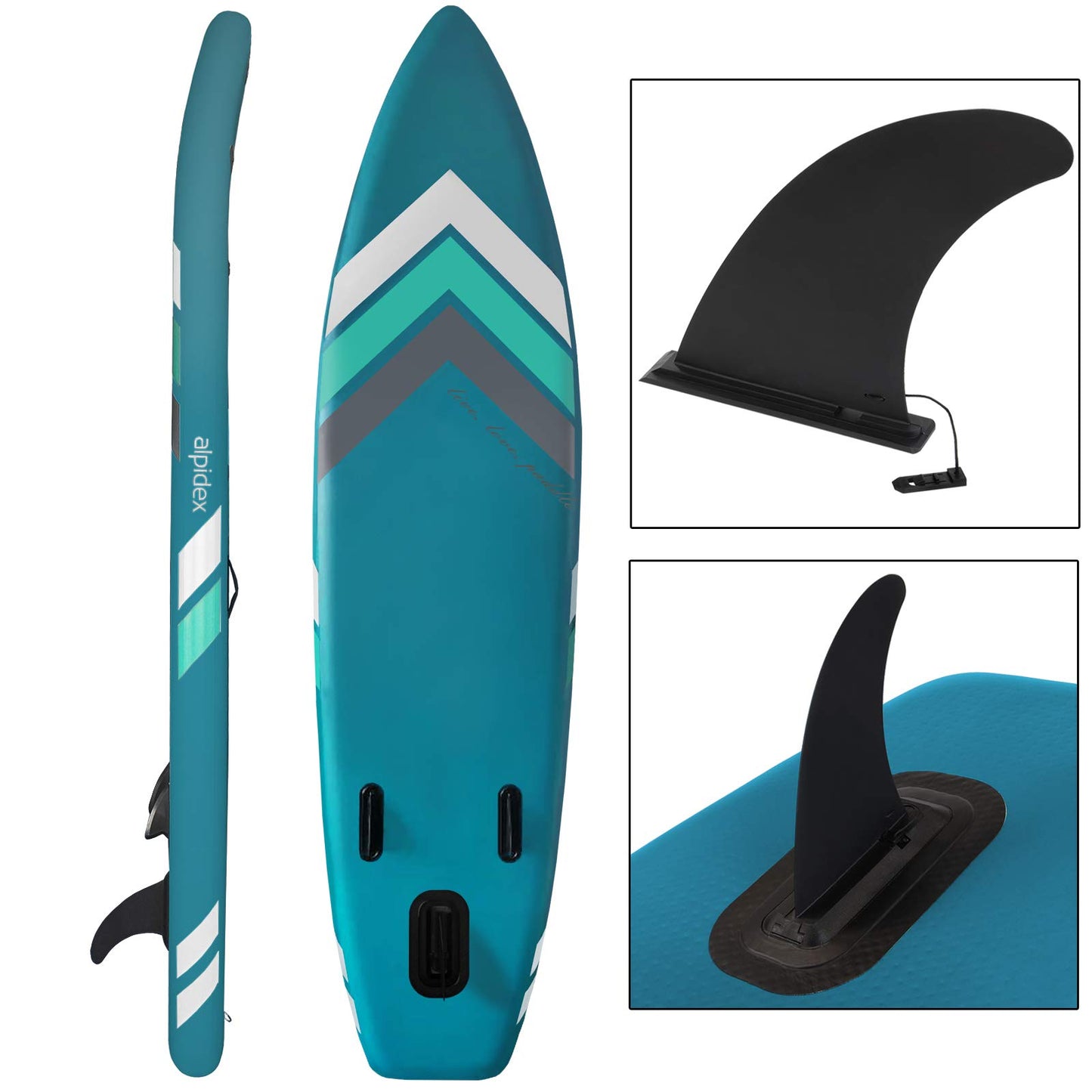 ALPIDEX Stand Up Paddle Set SUP 305 x 76 x 15 cm. Load capacity up to 150 kg. Inflatable, stable, light. Complete set includes carrying bag, paddle, fins, pump, leash, repair kit. Color: Petrol.