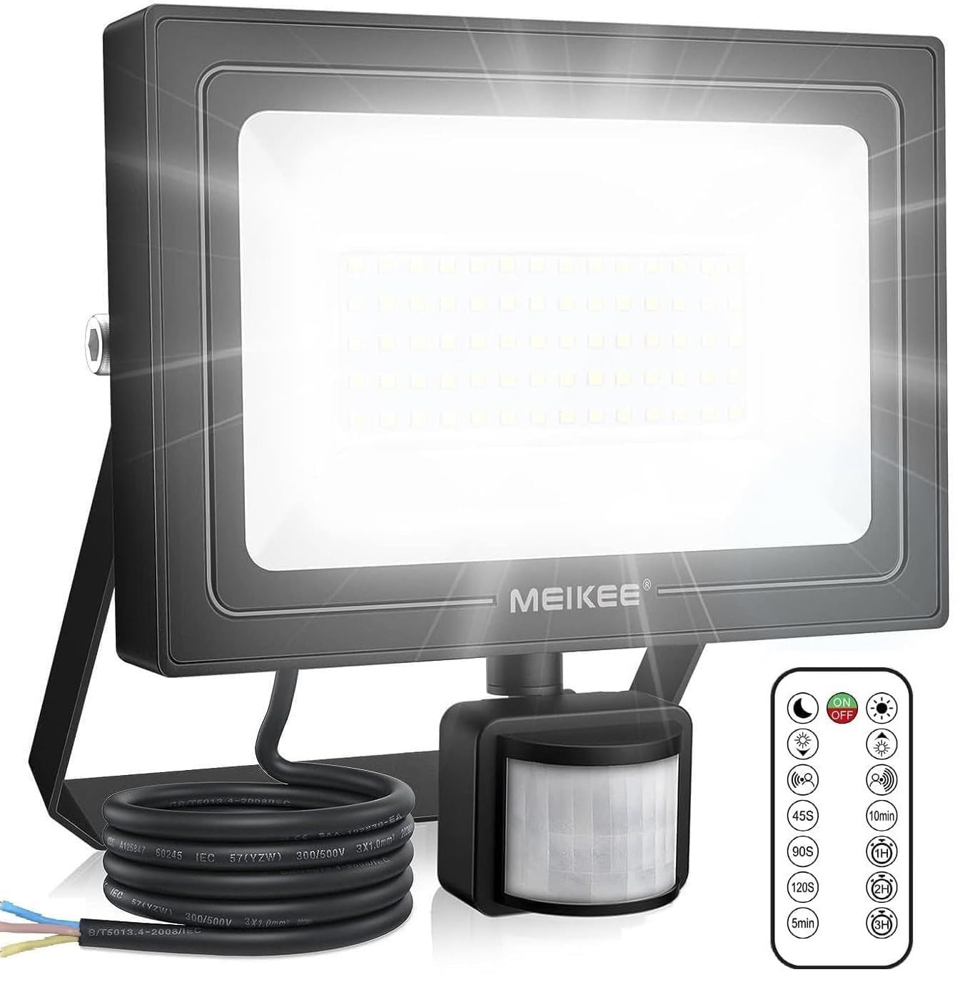 MEIKEE 60W LED floodlight with motion sensor, remote control, 5200LM super bright 6500K daylight white LED spotlight. IP66 waterproof with adjustable brightness and timing function. Perfect for garden, garage, yard.