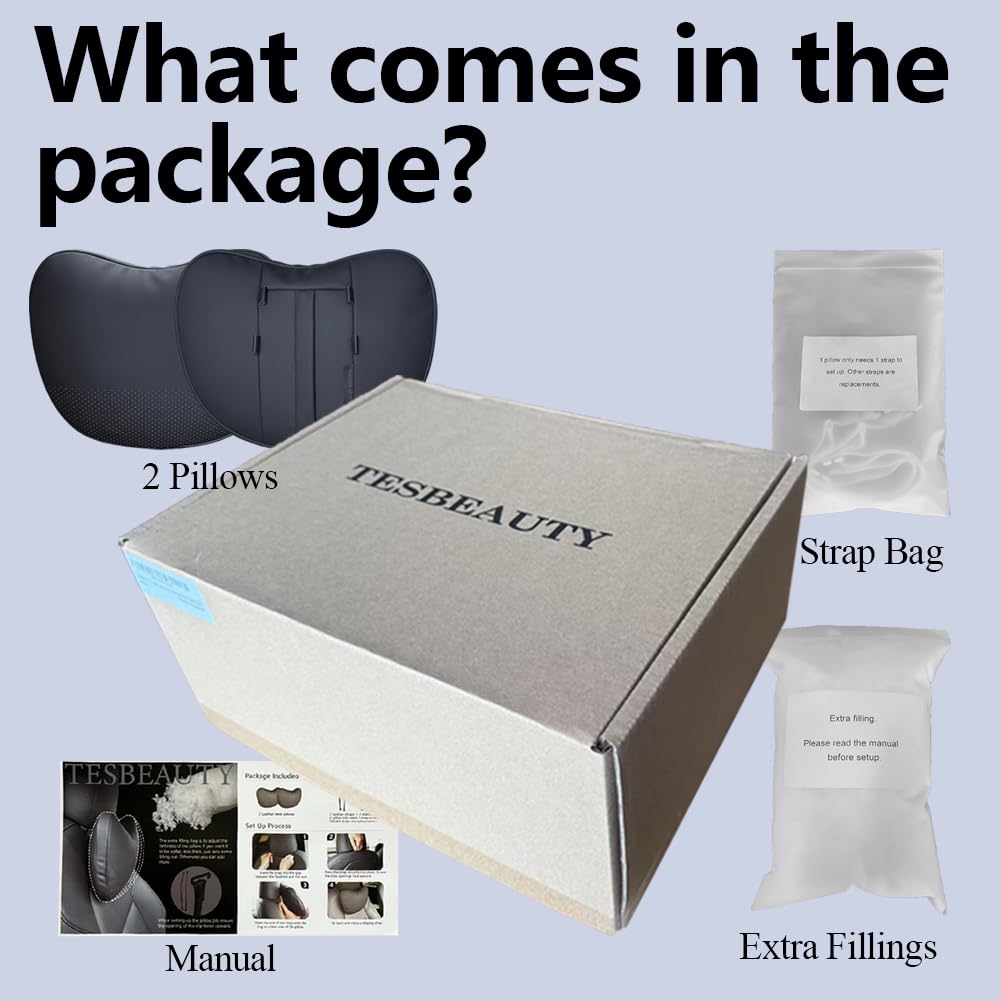 TANOLA Tesbeauty Tesla headrest cushions, neck pillows, unique design, genuine Nappa leather, Black, 2 pack, Rest