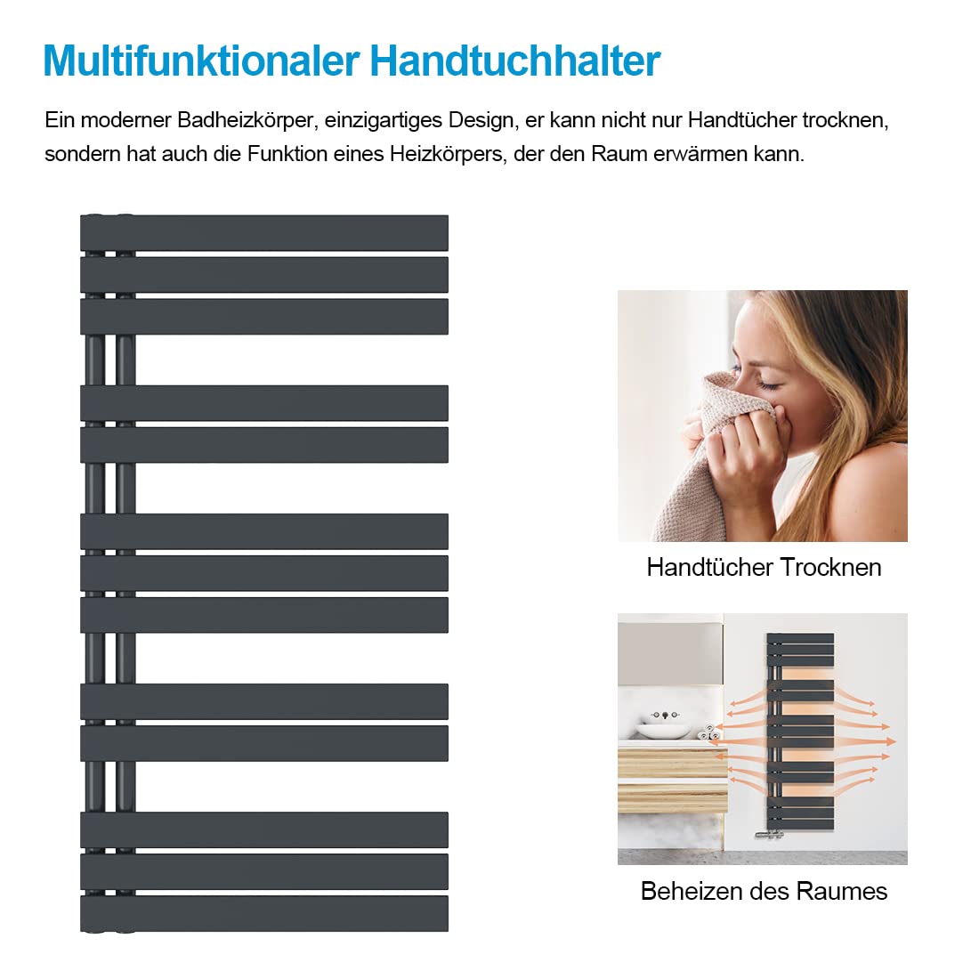 Heilmetz flat design bathroom radiator towel warmer with side connection 400x1176mm in anthracite color, 518W.