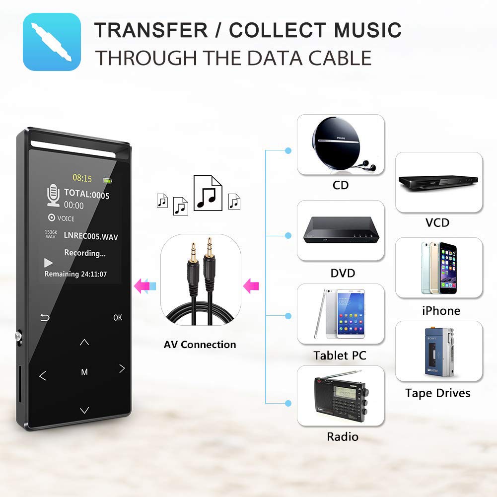 64GB MP3 Player, MUSRUN MP3 Player with Bluetooth Armband, HiFi, AUX recording, Sleep timer, FM radio, FM recording, Matte Black