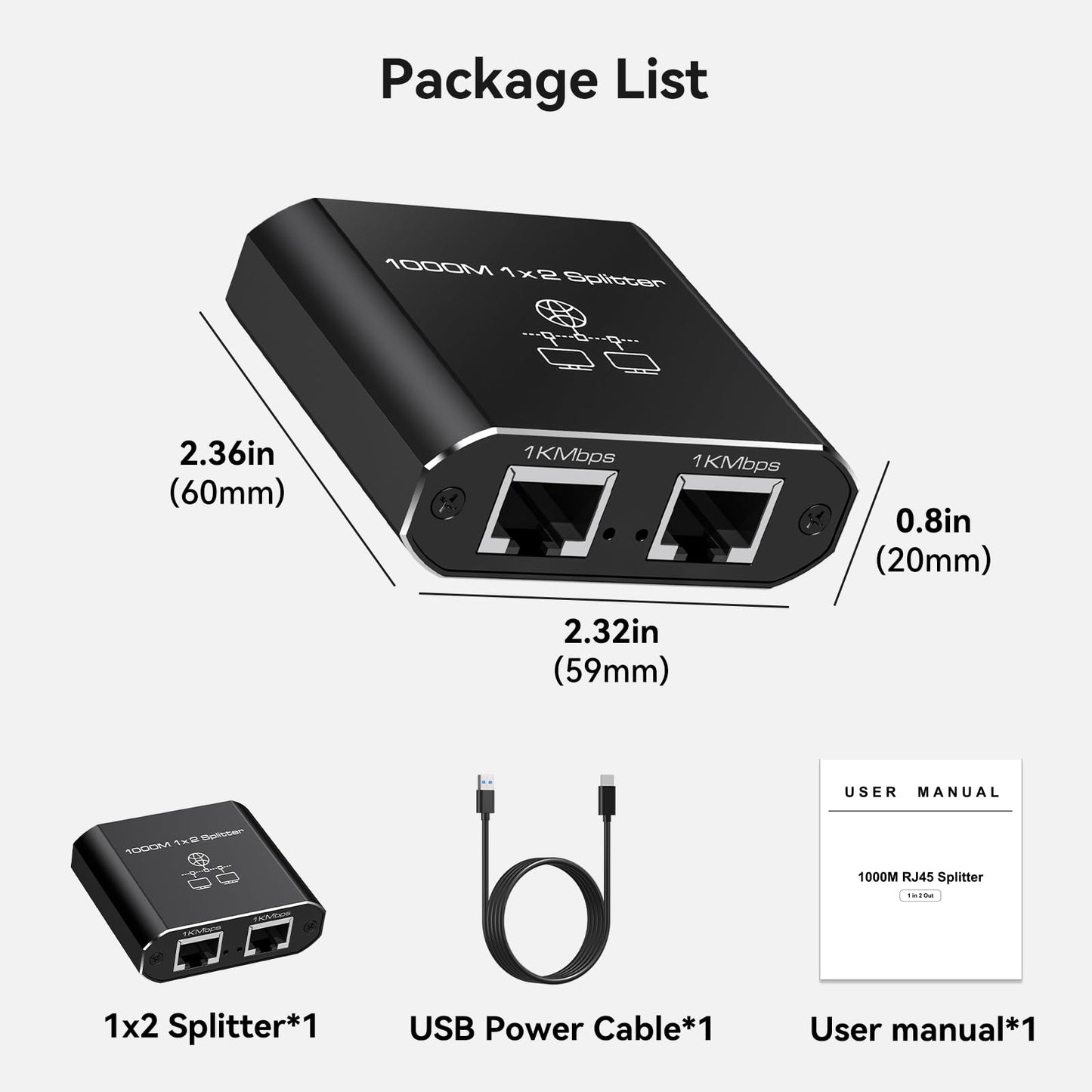 VEDINDUST LAN Splitter 1 to 2 1000Mbps Ethernet Splitter 2 Port With Type-C Power Cable Gigabit Switch for Computer, Hub, Router, Set-Top Box, Digital TV, etc.