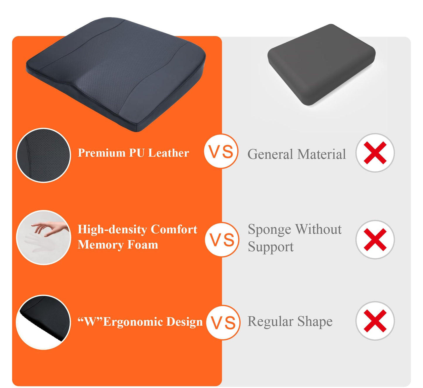 Kingphenix Memory Foam Car Seat Cushion – Increases seat height, relieves back pain – Ideal for car, truck, and office chair (Classic black full leather)