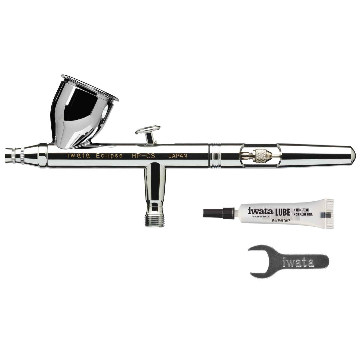 Iwata-Medea Eclipse HP CS Dual Action airbrush gun with gravity feed cup.