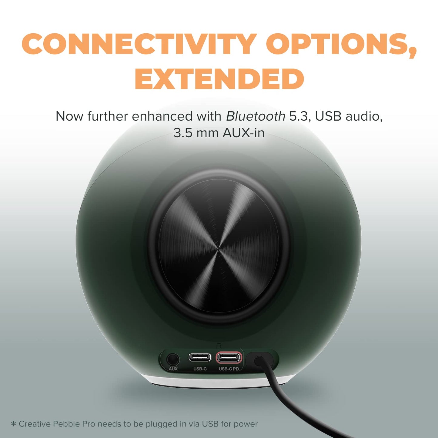 CREATIVE Pebble Pro 2.0 USB-C PC speakers with Bluetooth 5.3 and customizable RGB lighting, USB audio, and headphone/microphone jack.