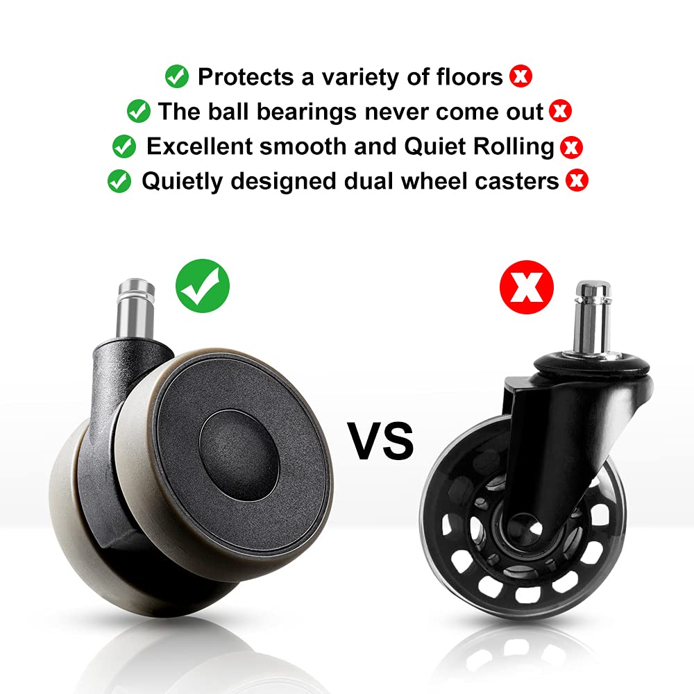 Office chair casters 11mm hard floor casters for office chairs 5-piece set replacement casters desk chair casters, rubber casters office chair for carpet and hardwood floors and tiles, office chair casters 65mm up to 300kg, Grey