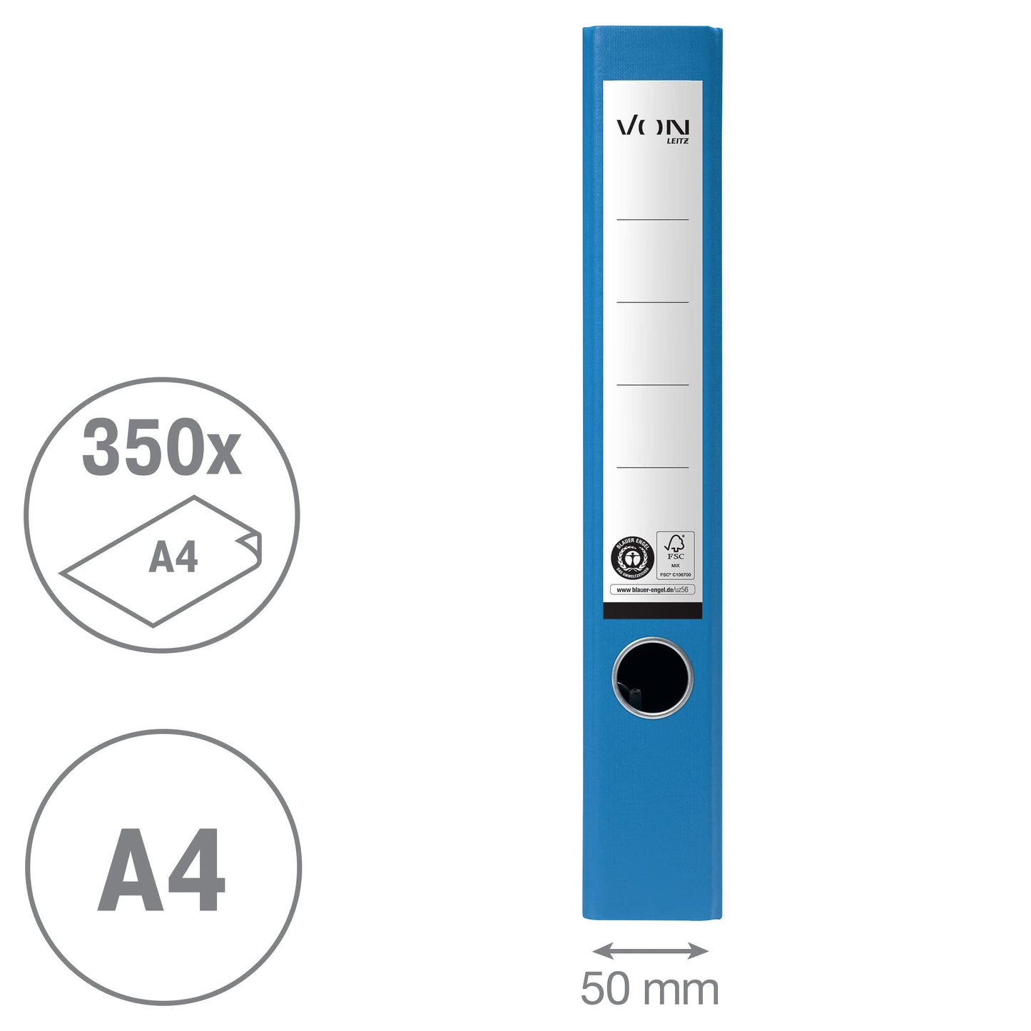 Leitz A4 folder, pack of 10, 100% recycled paper, 50mm spine width, holds 350 sheets, Blue Angel & FSC certified, for school, study & home use, blue color, 10540035.
