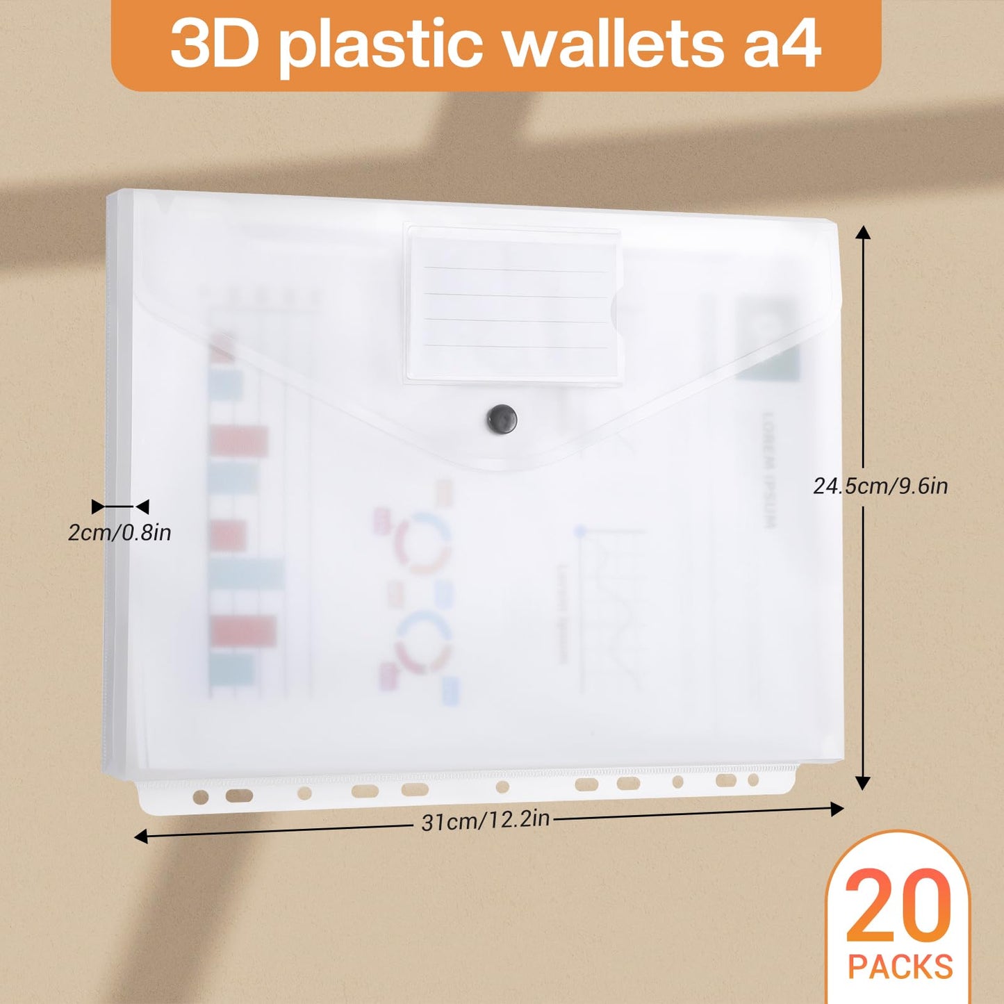 DATEFUN Document Pouch A4 20 Pack, Three-dimensional Document Folder A4, Transparent File Folder A4 with Binder Holes and Label Pocket, Holds 300 Papers (White)