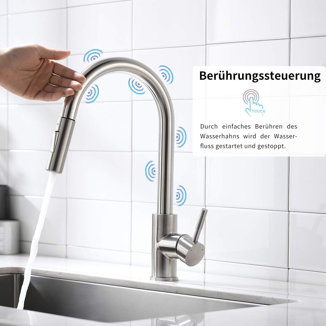 AIMADI Touch Sensor Kitchen Faucet Faucet with Pull-Out Sprayer 360° Rotatable Sink Faucet Mixer Tap Single Handle Kitchen Sink Faucet Brushed Nickel