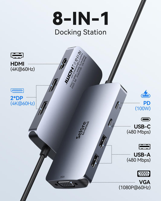 USB C docking station with dual DisplayPorts, 8-in-1 USB C dock multiport adapter featuring 4K HDMI, 2 * 4K DP, 1080P VGA, 2 * USB2.0, USB-C data, 100W PD 3.0. Ideal for Dell and HP laptops. Allows for multiple monitor setup.
