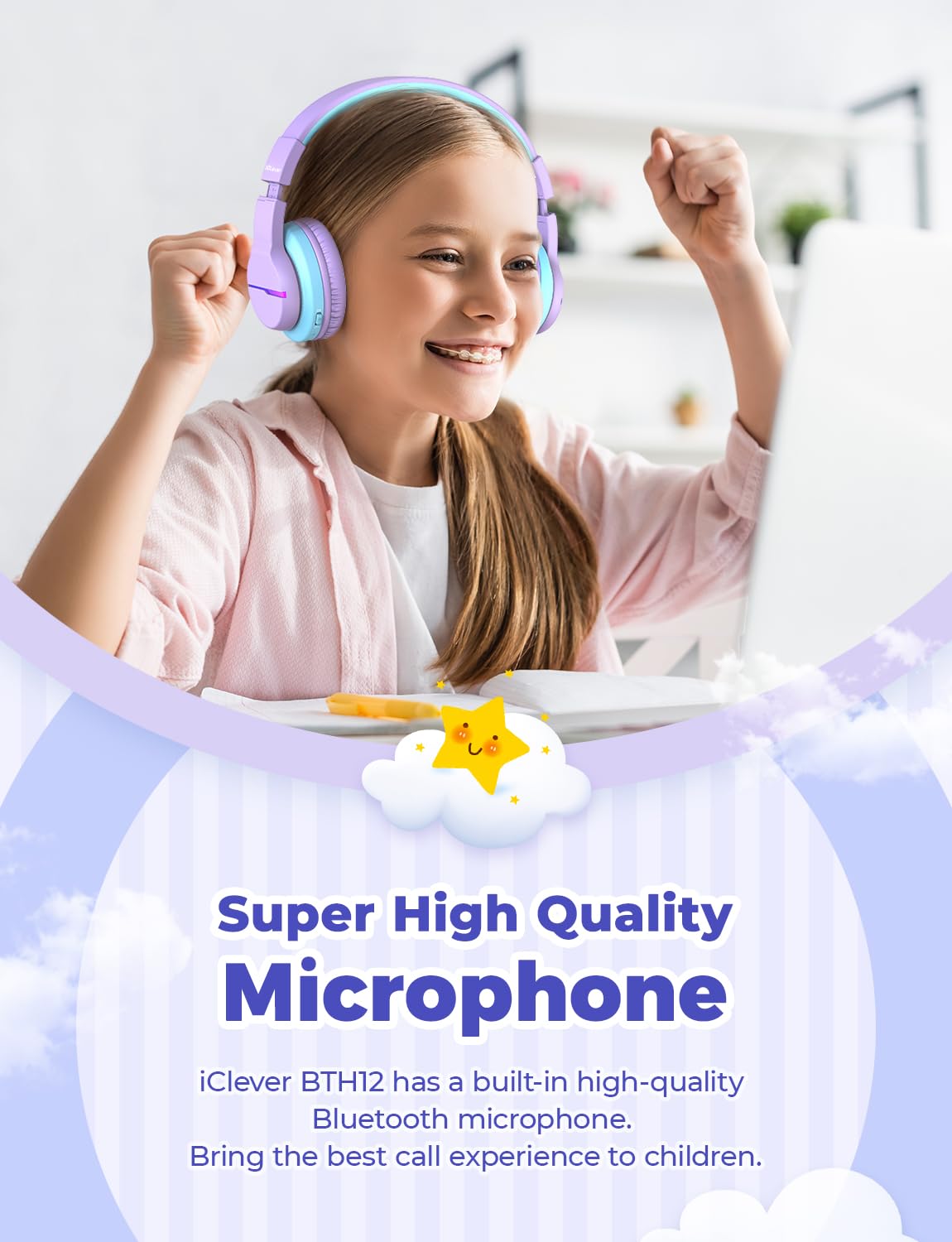 iClever Bluetooth Kids Headphones, Colorful LED Lights, Over-Ear Headphones for Kids with 74/85dBA Volume Limitation, 85 Hours of Playtime, Bluetooth 5.2, Built-in Microphone BTH12