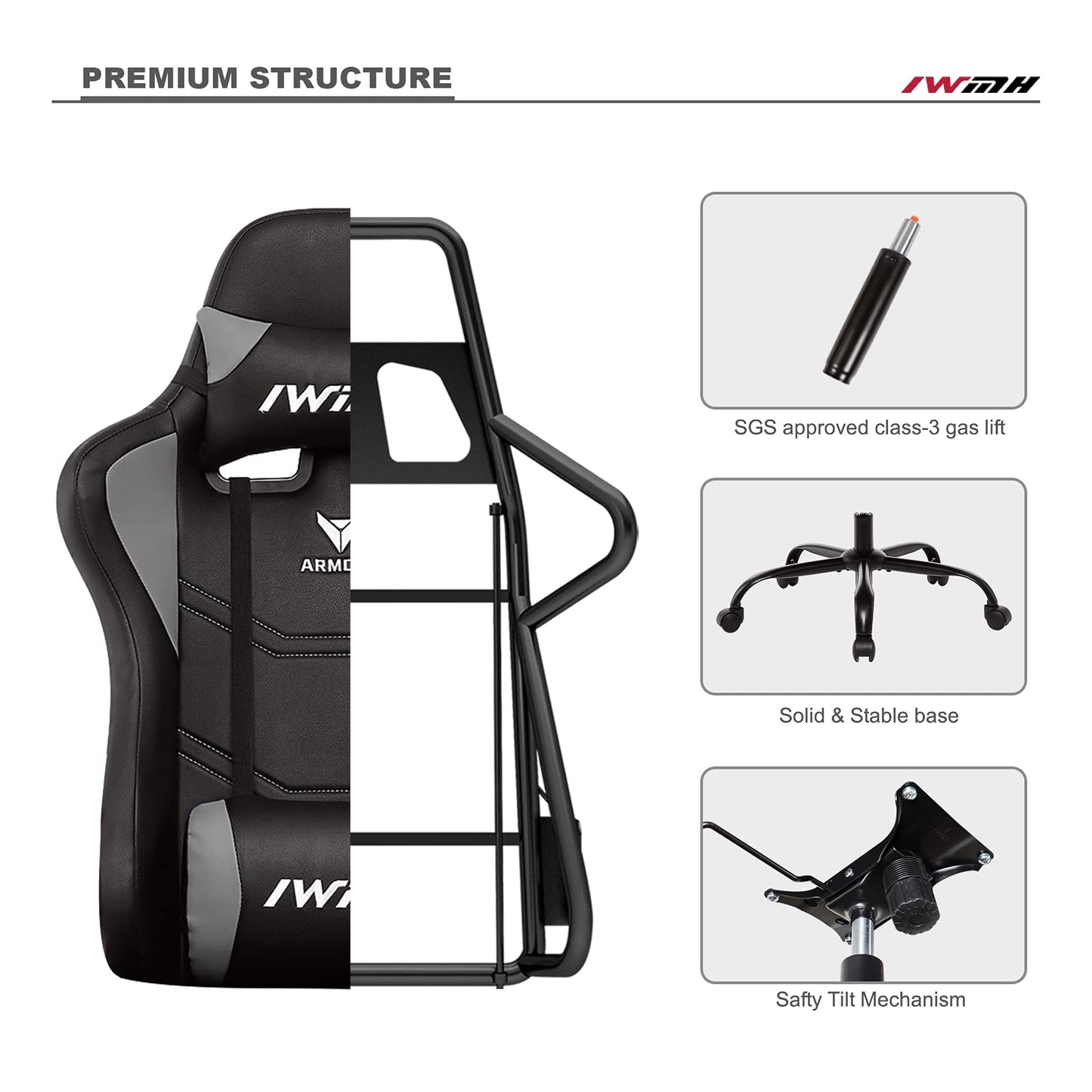 IWMH Gaming Chair, Ergonomic Computer Chair with High Backrest, Height Adjustable Swivel Chair, Racing Chair with Armrests, Adjustable Headrest and Lumbar Support (Gray)