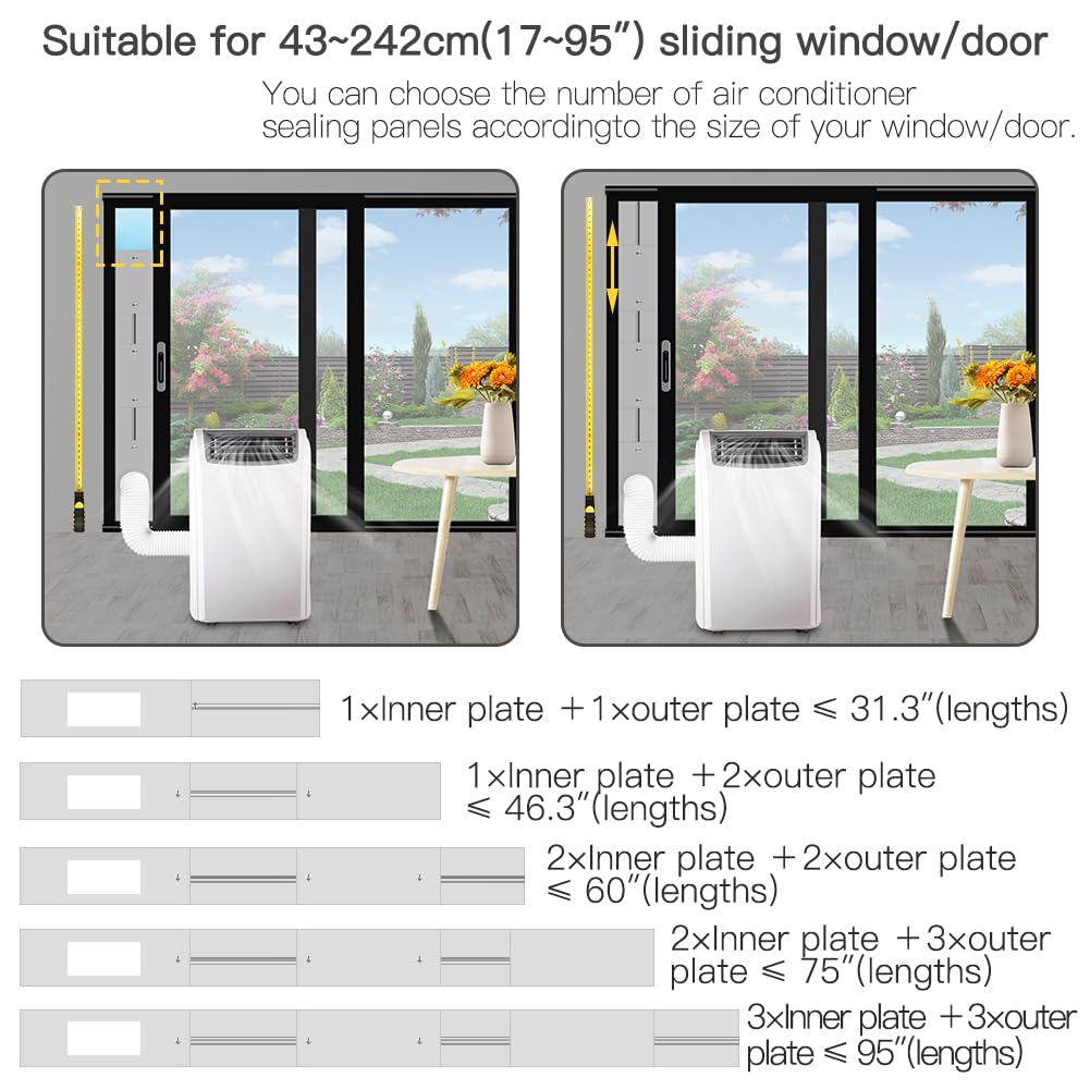 Aozzy 160cm window seal for portable air conditioners with universal adapter 13/15cm, safety lock, and seal for portable air conditioners/dehumidifiers on vertical/horizontal windows.