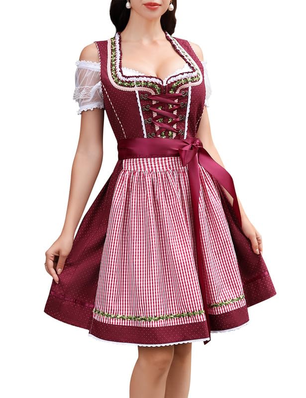 Clearlove dirndl for women midi 3-piece traditional costume for women, traditional skirt, traditional fashion dress, dirndl blouse for Oktoberfest (wine red, size 36)