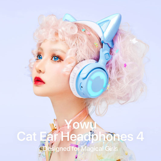 YOWU RGB Cat Ear Headphones 4, upgraded wireless and wired gaming headset with detachable HD microphone, active noise cancellation, customizable lighting and effects via app, blue.