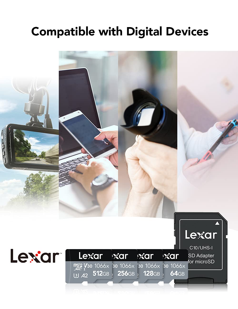Lexar Professional 1066x Micro SD Card 256GB, microSDXC UHS-I SILVER Series Memory Card, Includes SD Adapter, Up To 160MB/s Read Speed, for Action Cameras, Drones, Mobile Phones (LMS1066256G-BNAAG)