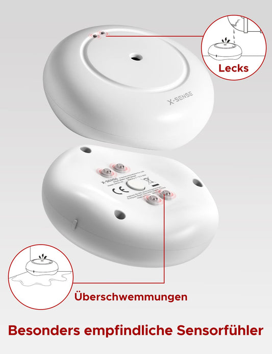 X-Sense Smart Water Detector with Battery, Wi-Fi Water Sensor, compact flood sensor with adjustable volume of up to 110 dB and 500m range, for kitchens, basements, and bathrooms.