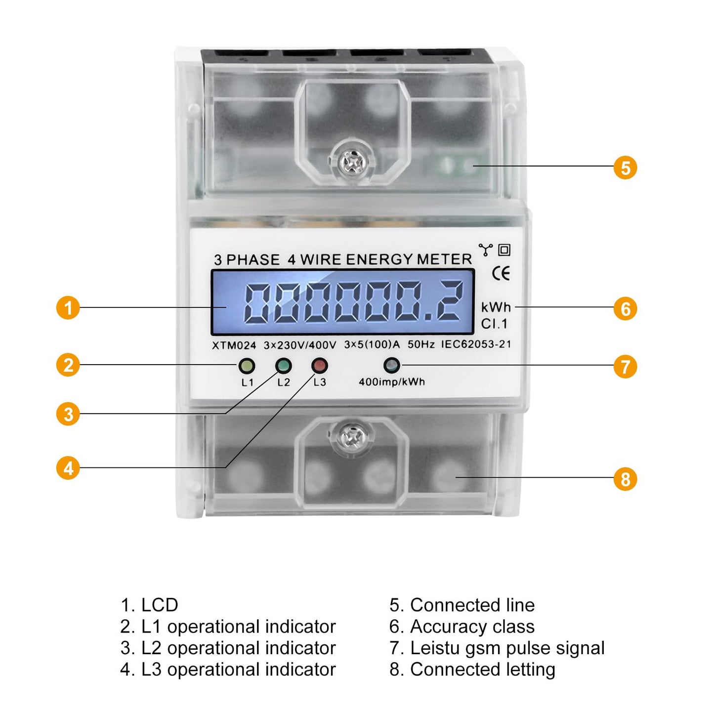 Judavry 3-phase power meter, DIN rail three-phase four-wire power meter digital 230/400V 5-100A electricity meter LCD energy meter for DIN rail sub-metering electricity.